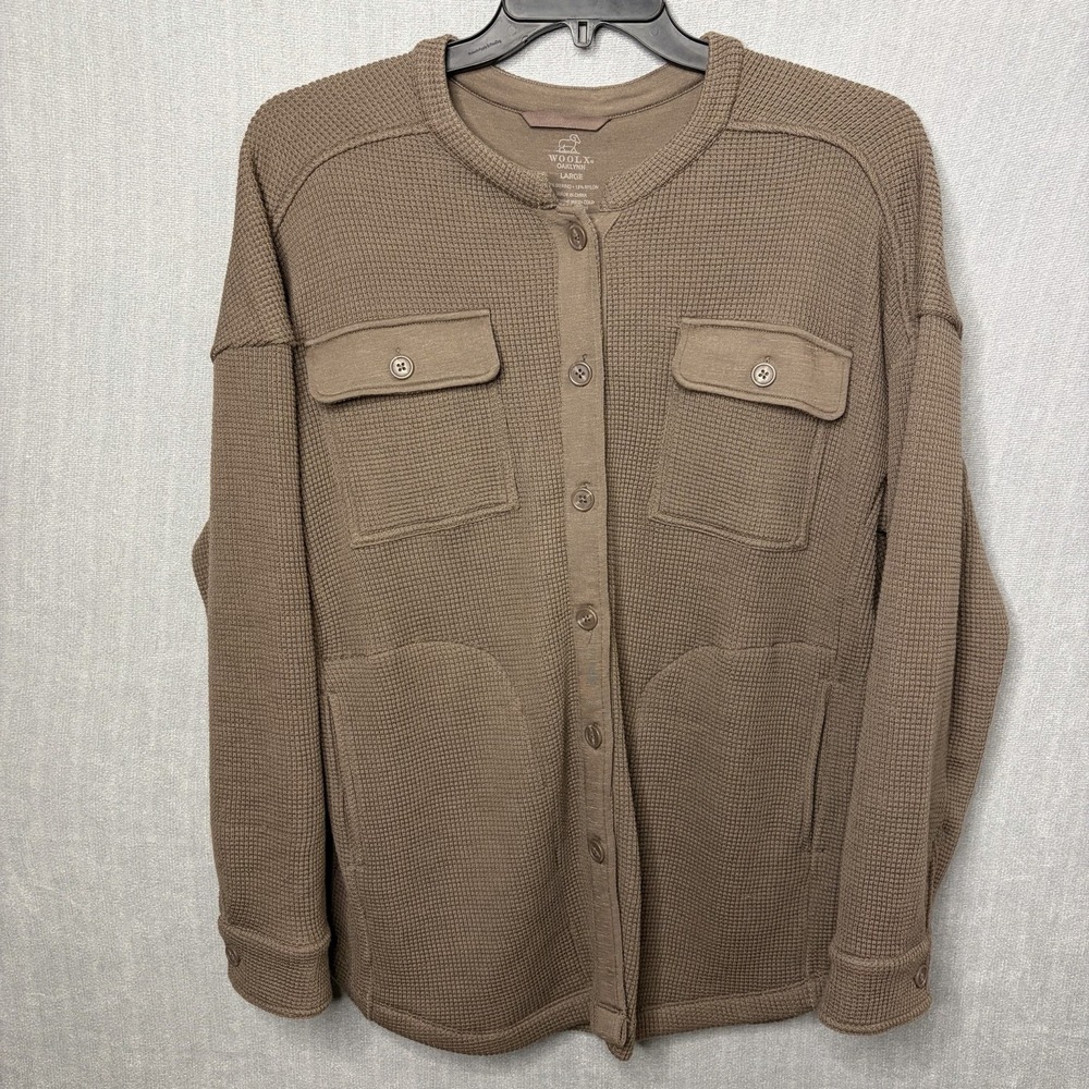 Woolx Oaklynn Waffle Shacket Women's Large Merino Wool Waffle Knit Brown Shirt